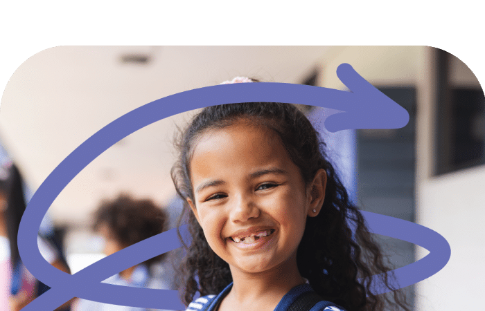 a young girl smiling with a purple arrow graphic behind her